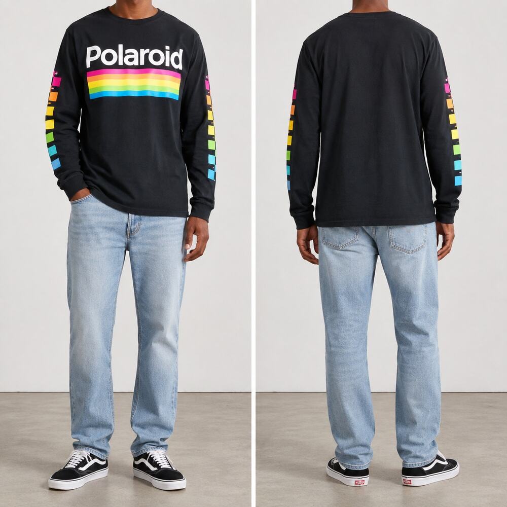 Polaroid Long Sleeve T Shirt Mens Large Black Rainbow Retro Graphic Tee Checkers